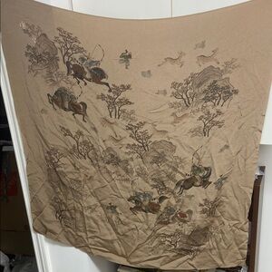 Vintage Japanese Tan Cloth Tapestry with Hunting Scene
